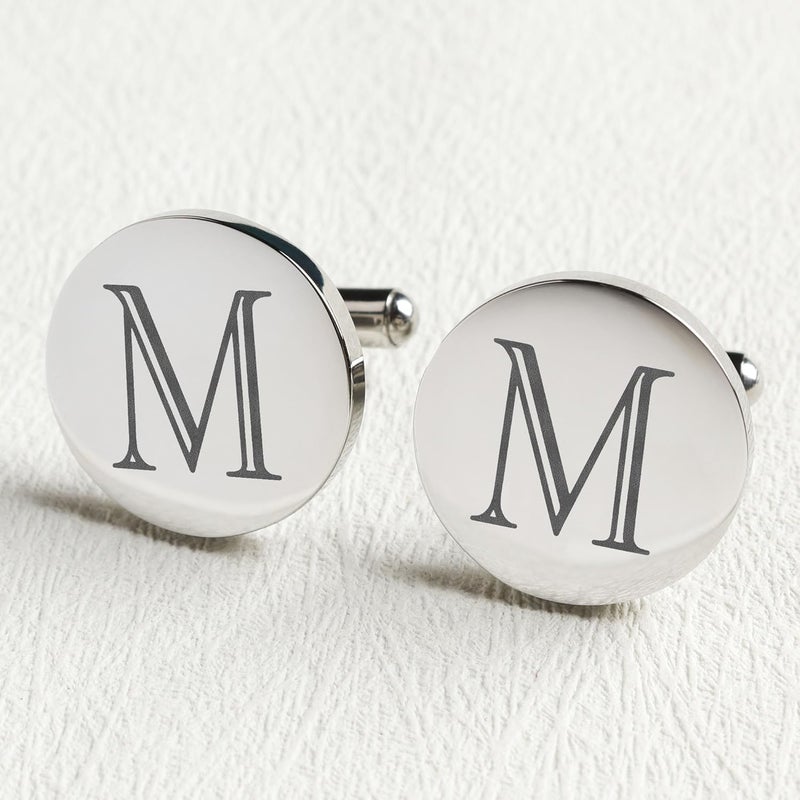 SeemDanten Mens Classic Initial Cuff links A-Z Alphabet 26 Letters Stainless Steel Silver CuffLinks with Engraved Walnut Wood Gift Box Business Wedding Set - Image 3